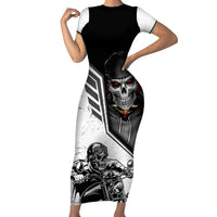 Bodycon short-sleeve dress with black-and-white skull biker graphic front
