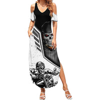 Women’s maxi dress, V-neck off-shoulder short sleeves, skull motorcycle print in black/white