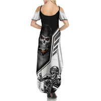 Women’s maxi dress with racerback straps, off-shoulder short sleeves, skull motorcycle print black/white