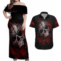 Skull Couples Matching Off Shoulder Maxi Dress and Hawaiian Shirt Bloody Skull Scream - Wonder Print Shop