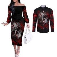 Skull Couples Matching Off The Shoulder Long Sleeve Dress and Long Sleeve Button Shirts Bloody Skull Scream DT01