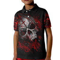 Kids black polo shirt with red and gray skull graphic, short sleeves, button placket