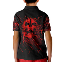 Kids black polo shirt with red back skull graphic, short sleeves, buttoned collar