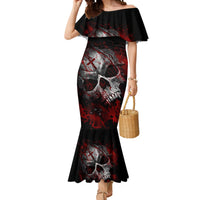 Black off-shoulder mermaid dress with red skull graphic and flared hem