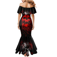 Black off-shoulder mermaid dress, red skull print on back and flared bottom