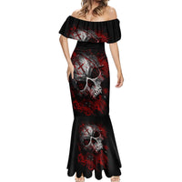 Black off-shoulder fitted mermaid dress with red skull prints and long flared skirt
