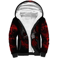 Unisex black sherpa hoodie with white sherpa-lined hood and red skull graphic, front view