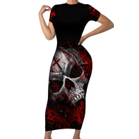 Black short-sleeve bodycon dress with large skull graphic, red and white splatter