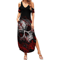 Women's black cold-shoulder maxi dress with skull graphic, V-neck and short sleeves
