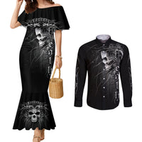 Black mermaid off-shoulder dress with skull graphic, paired with long-sleeve button shirt