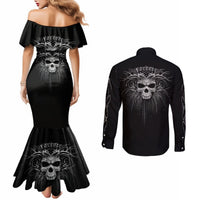 Black off-shoulder mermaid dress back and long-sleeve button shirt back with skull art