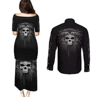 Black skull print off-shoulder dress and long-sleeve button shirt set, back view