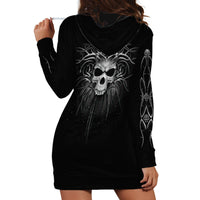 Black skull graphic hoodie dress with hood and long sleeves, back print