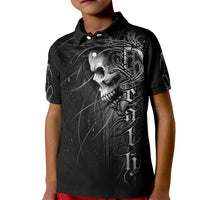 Kids black polo shirt with skull front graphic, button placket and short sleeves