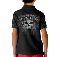 Kids black polo shirt with large skull back graphic, short sleeves and collar