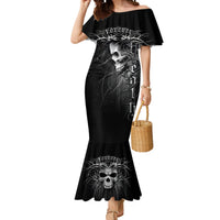Black off-shoulder mermaid dress with skull graphic, flared hem