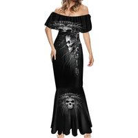 Black off-shoulder mermaid dress with skull and ornate design, flared skirt