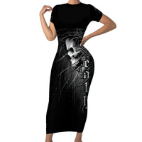 Black short-sleeve bodycon dress with skull graphic front