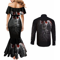 Black mermaid dress and black long-sleeve button shirt with skull and winged back print