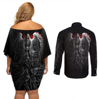 Skull Couples Matching Off Shoulder Short Dress and Long Sleeve Button Shirts Death Angel Hold Skull - Wonder Print Shop
