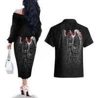 Skull Couples Matching Off The Shoulder Long Sleeve Dress and Hawaiian Shirt Death Angel Hold Skull - Wonder Print Shop