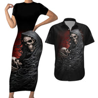 Skull Couples Matching Short Sleeve Bodycon Dress and Hawaiian Shirt Death Angel Hold Skull - Wonder Print Shop