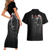 Skull Couples Matching Short Sleeve Bodycon Dress and Hawaiian Shirt Death Angel Hold Skull - Wonder Print Shop