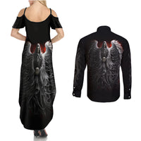 Back-view black skull maxi dress with cold shoulders and long-sleeve button shirt