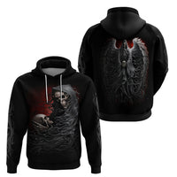 Black pullover hoodie; front skull graphic and back winged angel print