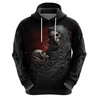 Black pullover hoodie with large skull graphic and red smoke panel