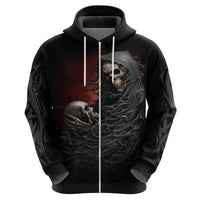 Black pullover hoodie with skull graphic, hood strings, and dark wing motifs