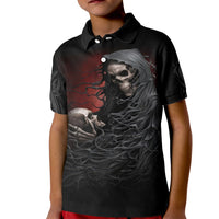Black kid polo shirt with front skull and flame graphic
