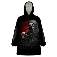 Black wearable blanket hoodie with front skull and praying angel graphic