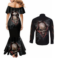 Black off-shoulder mermaid dress and black long-sleeve button shirt, skull graphic back