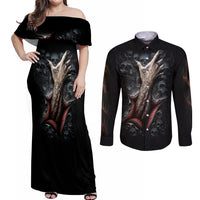 Skull Couples Matching Off Shoulder Maxi Dress and Long Sleeve Button Shirts Skeleton Ripped inside - Wonder Print Shop