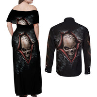 Skull Couples Matching Off Shoulder Maxi Dress and Long Sleeve Button Shirts Skeleton Ripped inside - Wonder Print Shop