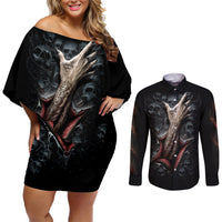 Skull Couples Matching Off Shoulder Short Dress and Long Sleeve Button Shirts Skeleton Ripped inside - Wonder Print Shop