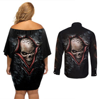 Skull Couples Matching Off Shoulder Short Dress and Long Sleeve Button Shirts Skeleton Ripped inside - Wonder Print Shop