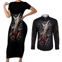Skull Couples Matching Short Sleeve Bodycon Dress and Long Sleeve Button Shirts Skeleton Ripped inside - Wonder Print Shop