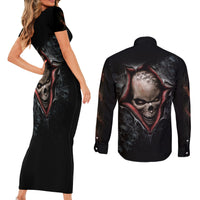 Skull Couples Matching Short Sleeve Bodycon Dress and Long Sleeve Button Shirts Skeleton Ripped inside - Wonder Print Shop