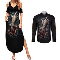 Skull Couples Matching Summer Maxi Dress and Long Sleeve Button Shirts Skeleton Ripped inside - Wonder Print Shop