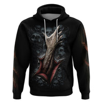 Black pullover hoodie with front skull graphic and ripped skeleton detail, hood and drawstrings