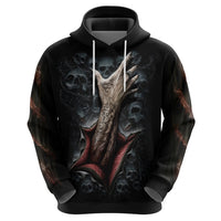 Black pullover hoodie with large front skull and ribcage graphic, hood and drawstrings