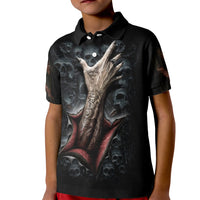 Kids black polo shirt with skull-and-hands graphic front, button collar