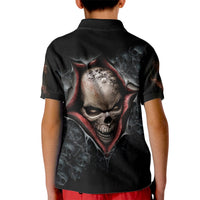 Kids black polo shirt with skull face graphic on back, button collar