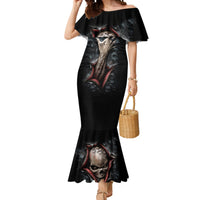 Women's black off-shoulder mermaid dress with skull graphic and flared ruffle hem
