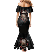 Women's black off-shoulder mermaid dress, back view with skull print and flared hem