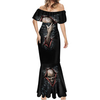 Women's black off-shoulder mermaid dress with large central skull print and flared bottom