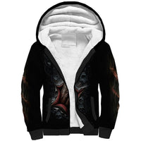 Black unisex sherpa hoodie with skull graphic and white fleece-lined hood, front view
