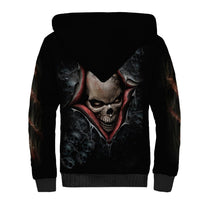 Black unisex sherpa hoodie with large skull graphic on back, fleece-lined hood